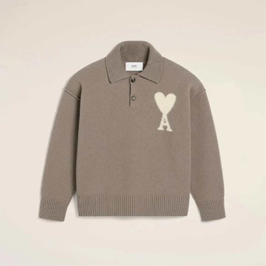 Ami Paris Taupe Knit Polo Sweater Sweater