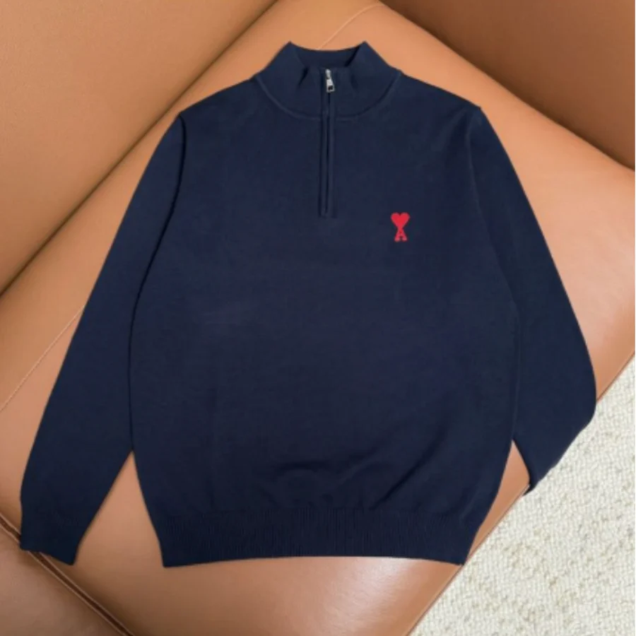 Ami Paris Navy Blue Quarter Zip With Heart Logo Sweater