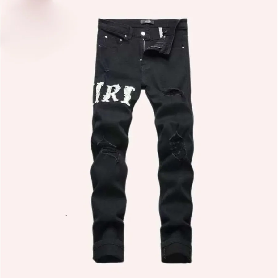 Black Distressed With Logo Patch Jeans — Black