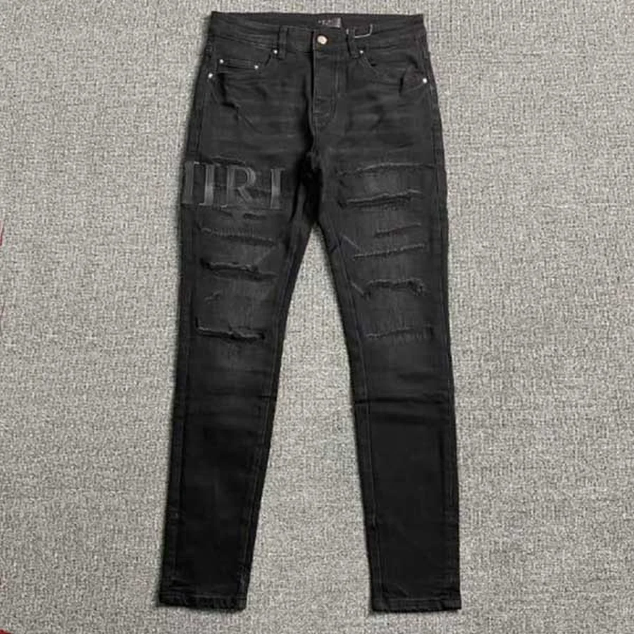 Black Distressed With Logo Patch Jeans — Black