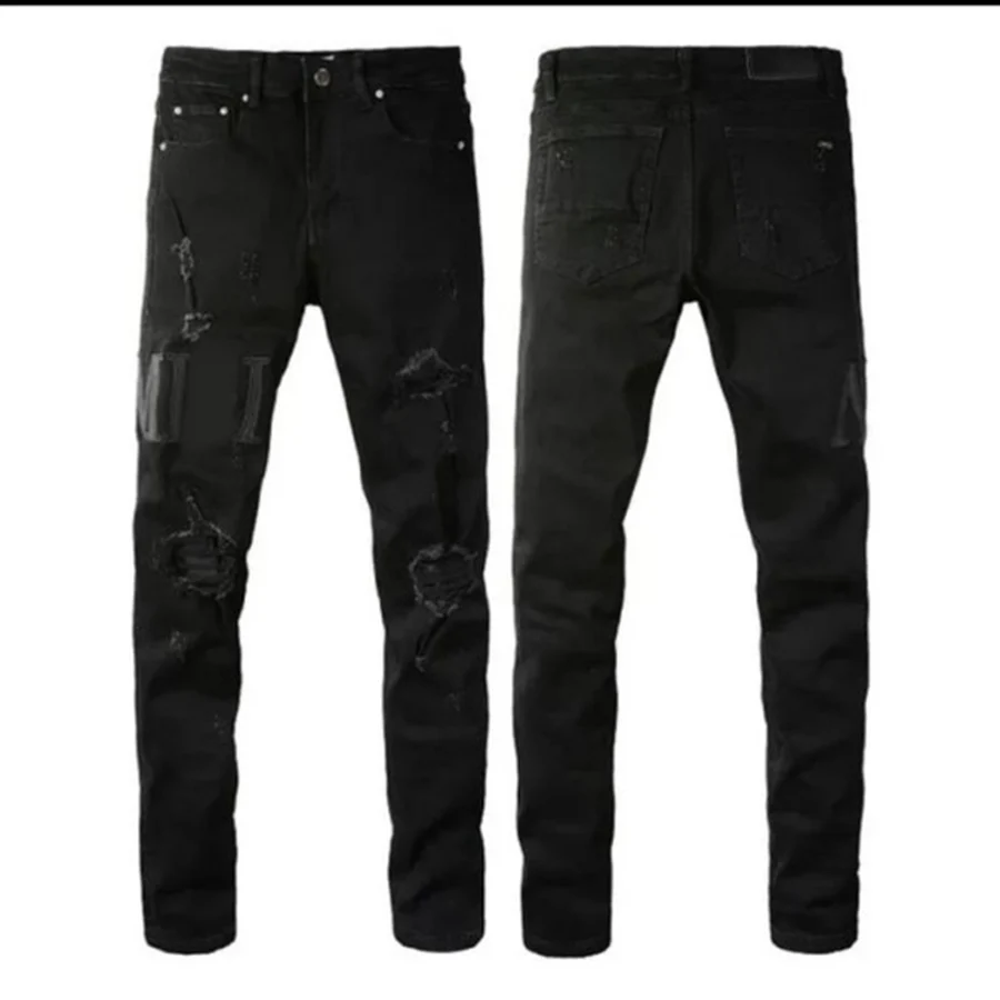 Black Distressed With Logo Patch Jeans — Black