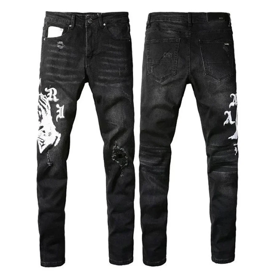 Black Distressed With Logo Patch Jeans — Black