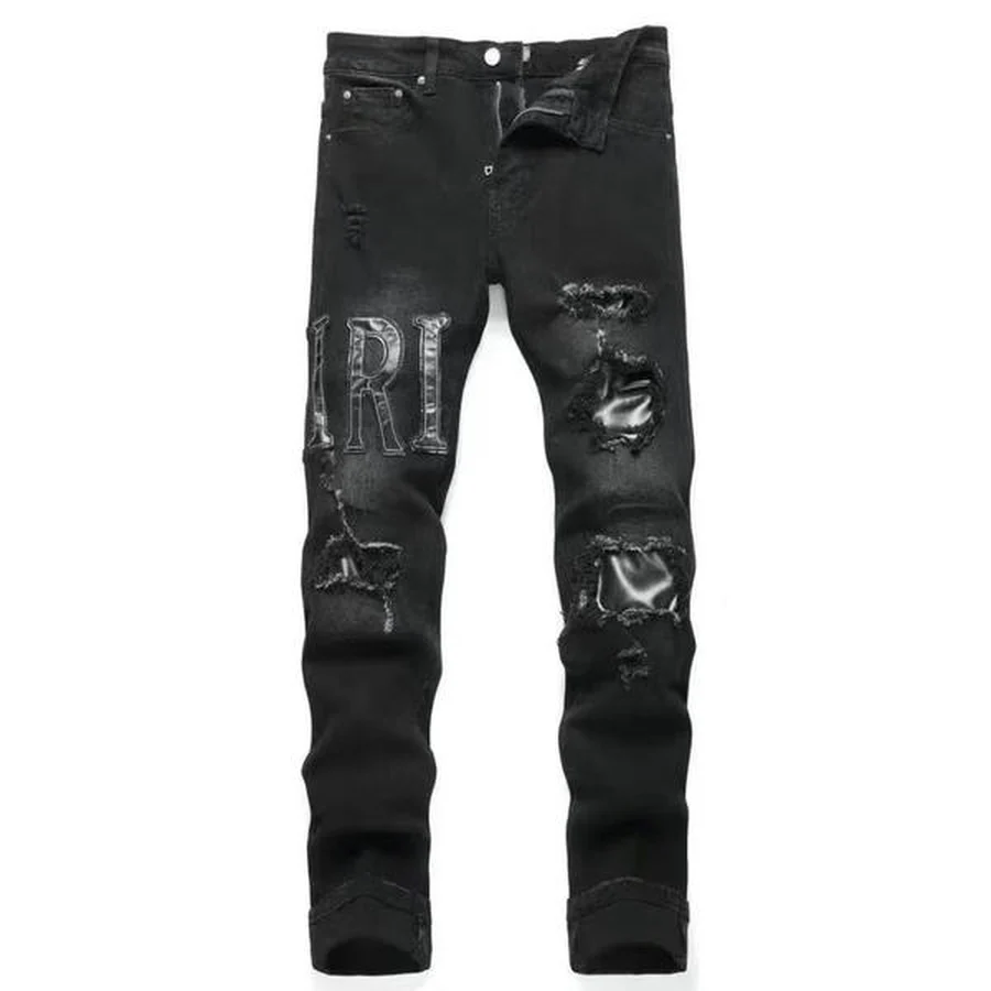 Black Distressed With Logo Patch Jeans — Black