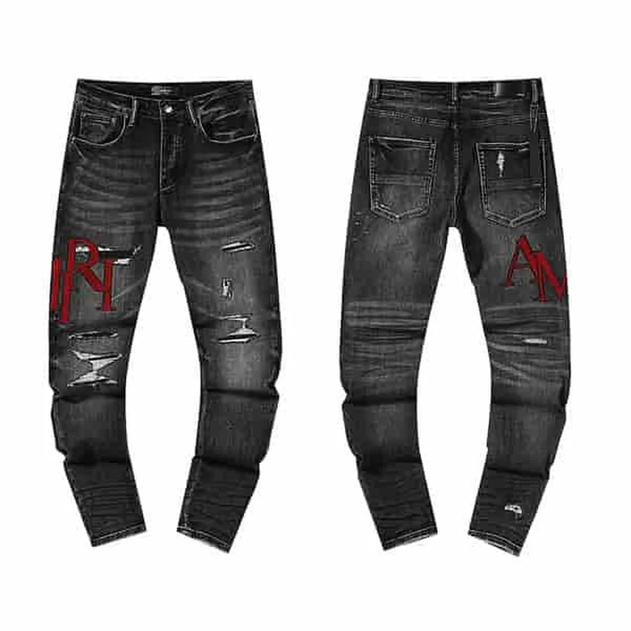 Black Distressed With Logo Patch Jeans — Black