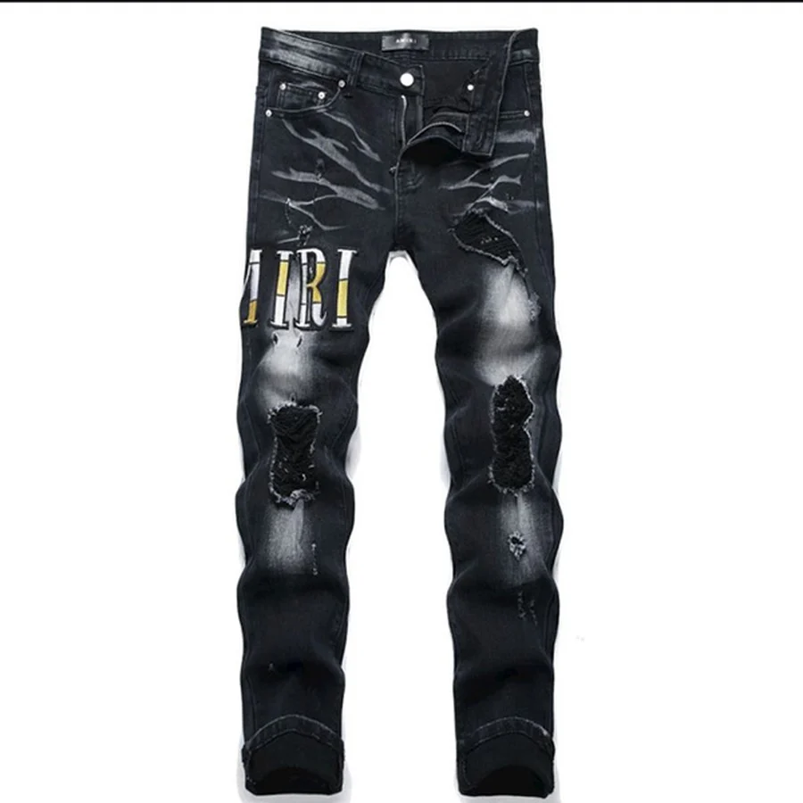 Black Distressed With Logo Patch Jeans — Black