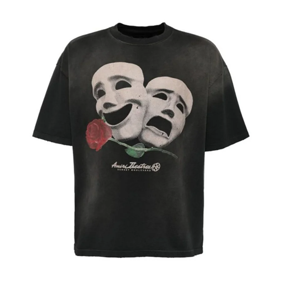 Amiri Black Comedy And Tragedy Masks With Rose T-Shirt