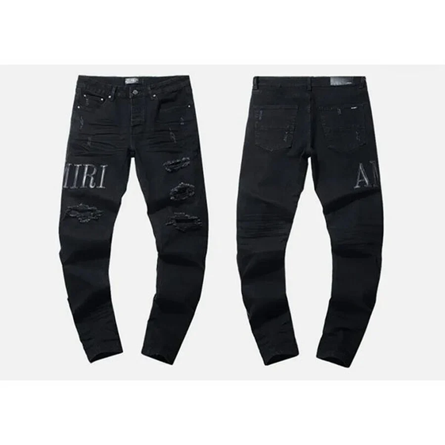 Black Distressed With Logo Patch Jeans — Black