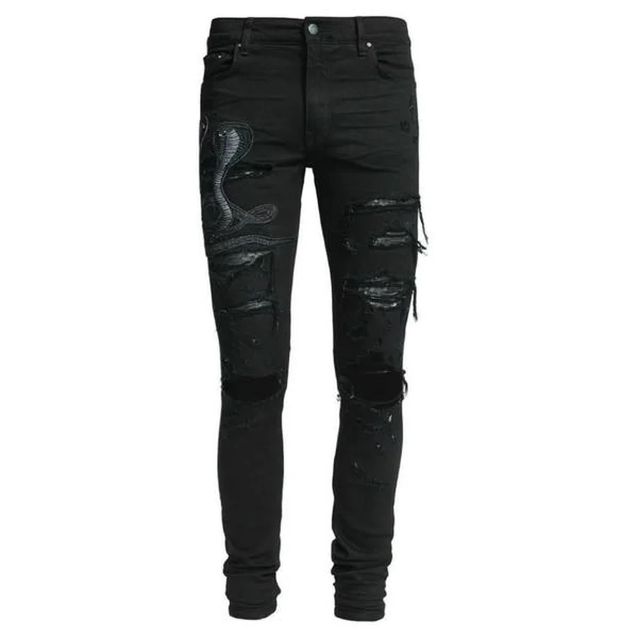 Black Distressed With Logo Patch Jeans — Black