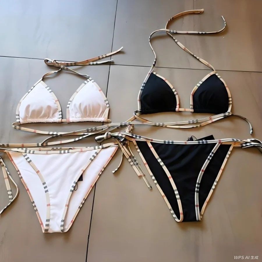 Burberry White, Black Checkered Trim String Bikini Swim Shorts