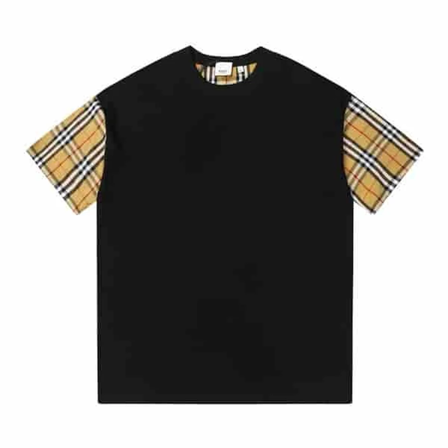 Black Check Pattern Shoulder Stripes T-Shirt — Black