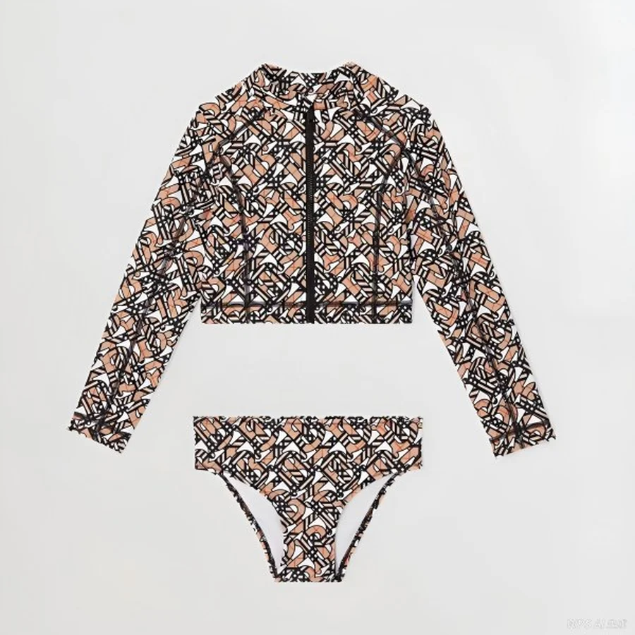 Black, Beige Monogram Print High-Waist Set Swim Shorts — Beige