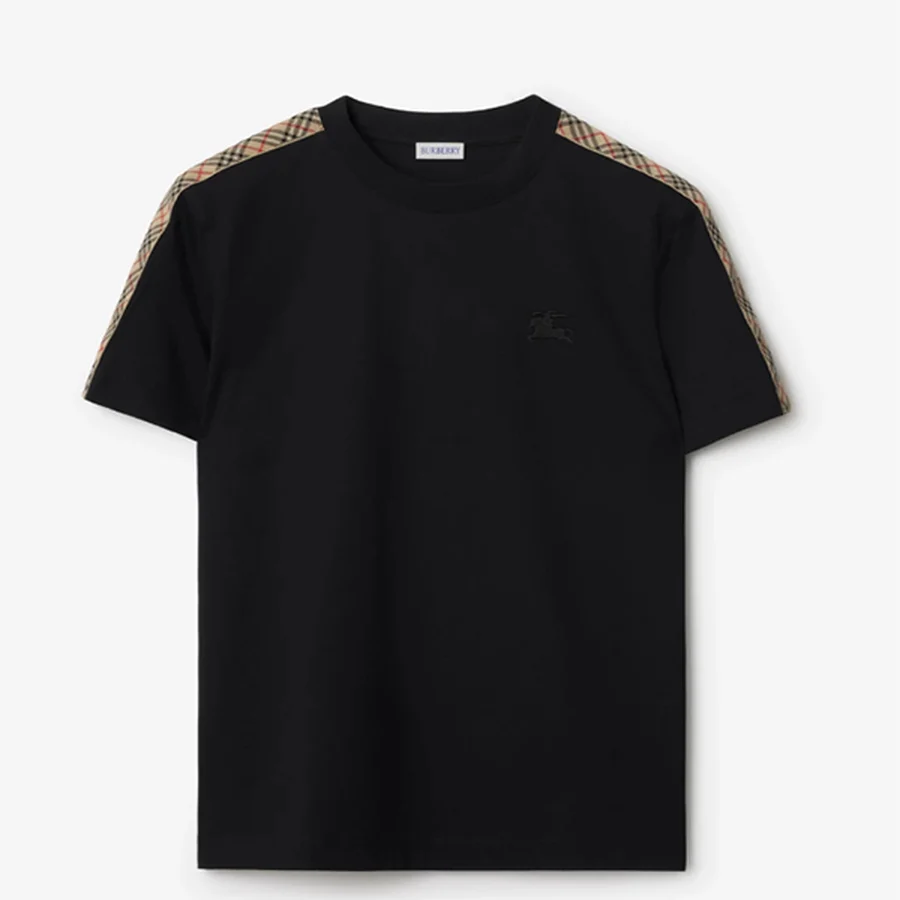 Black Check Pattern Shoulder Stripes T-Shirt — Black