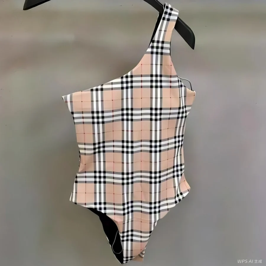 Burberry Beige, Black, White, Red One-Shoulder Check Swimsuit Swim Shorts