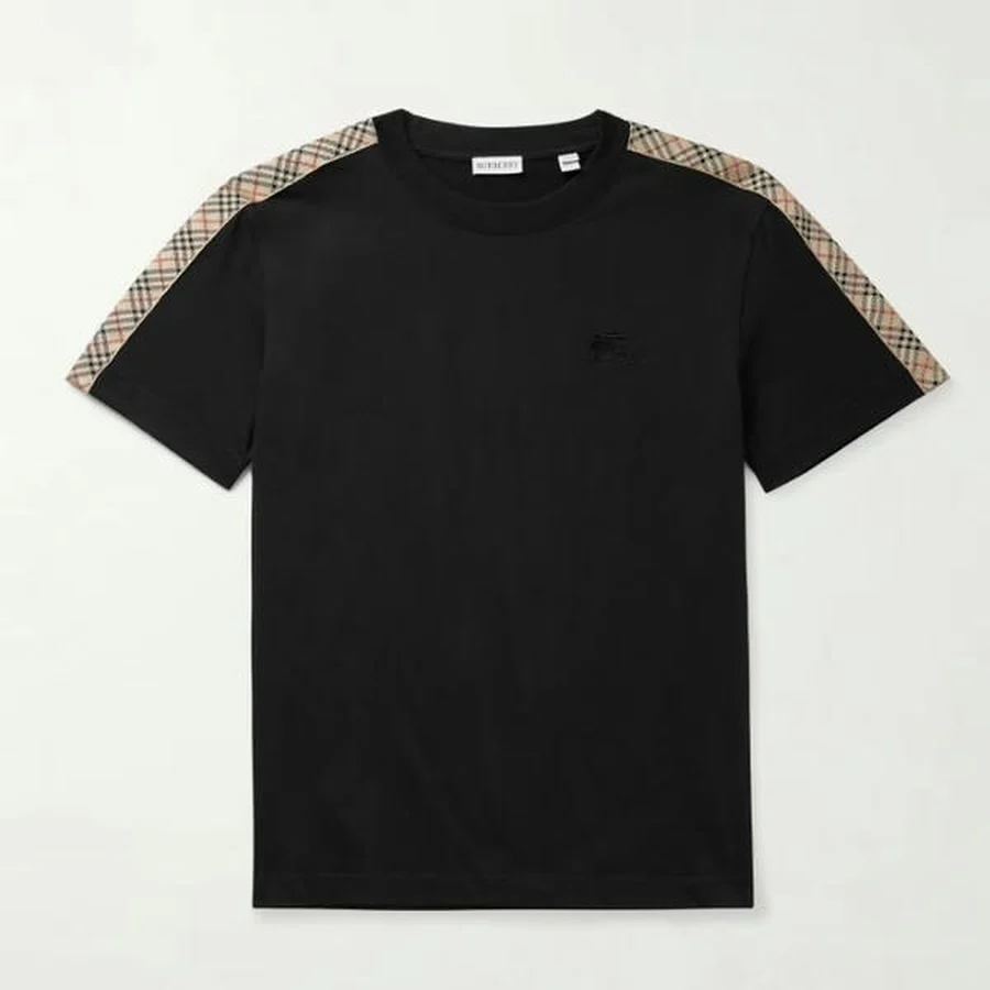 Black Check Pattern Shoulder Stripes T-Shirt — Black
