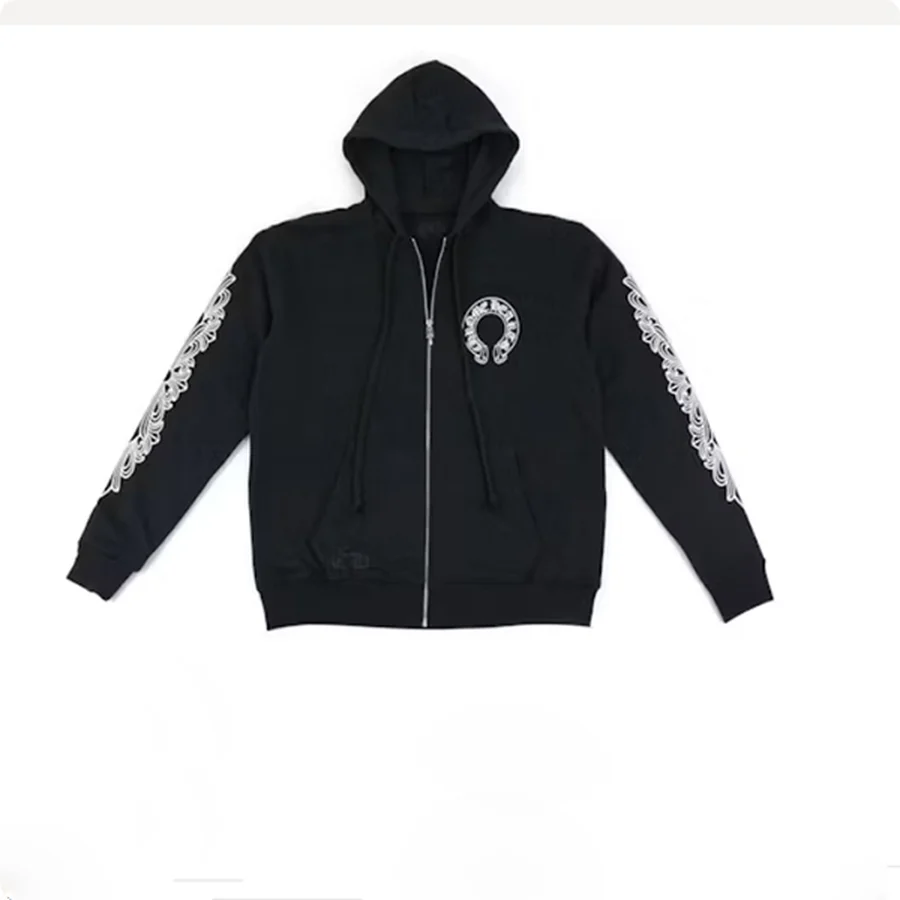 Black Gothic Floral Sleeve Prints Hoodie — Black