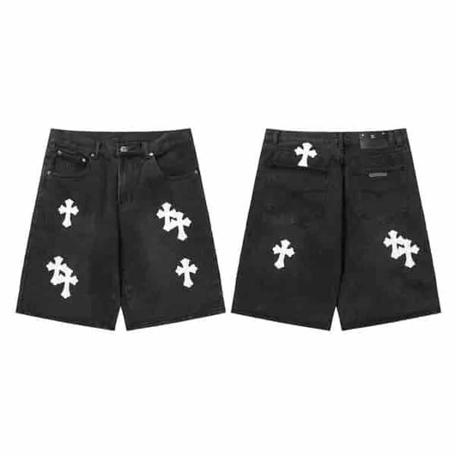 Black Denim Shorts With Crosses Shorts — Black