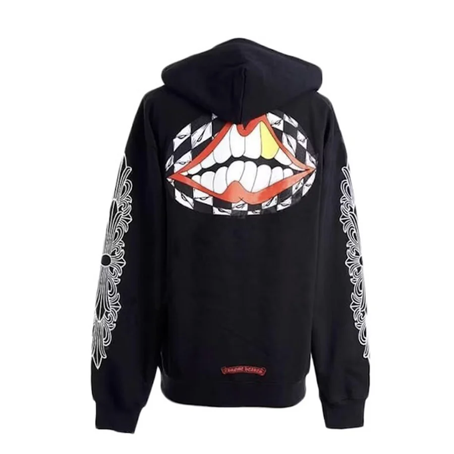 Black Gothic Floral Sleeve Prints Hoodie — Black