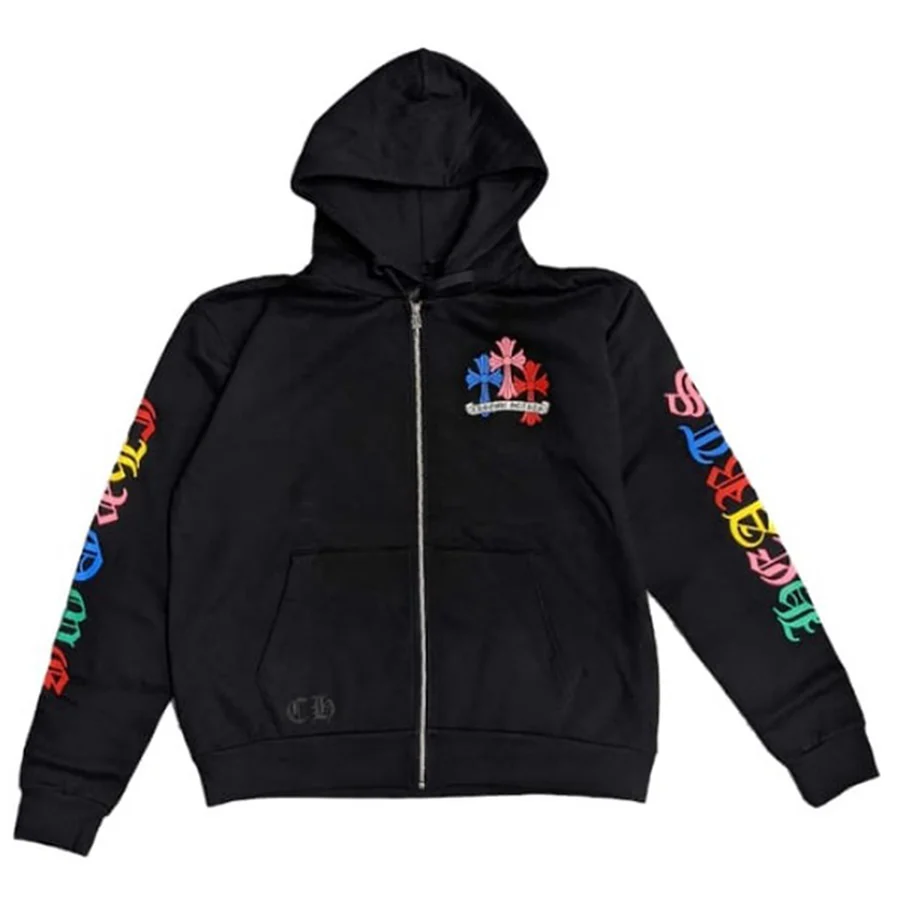 Black Gothic Floral Sleeve Prints Hoodie — Black