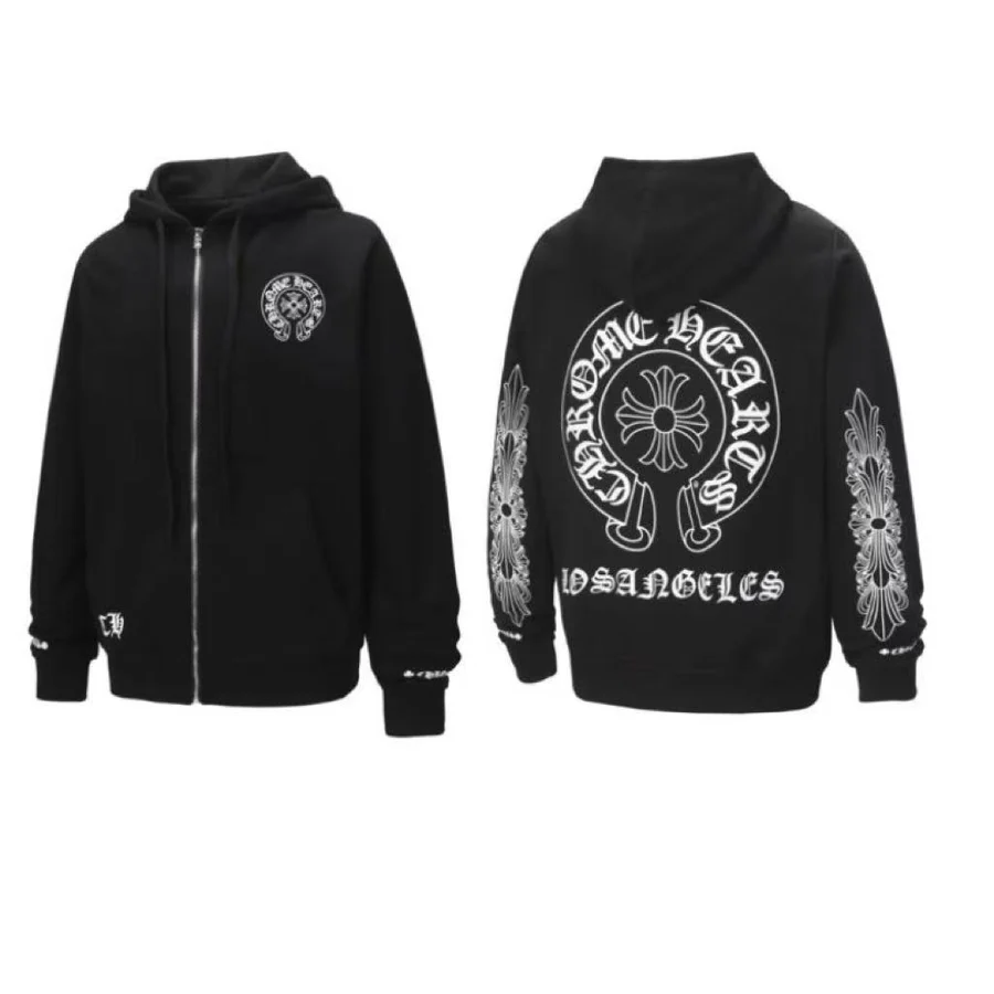 Black Gothic Floral Sleeve Prints Hoodie — Black
