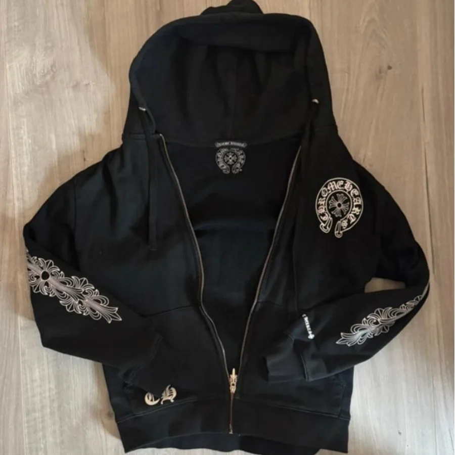 Black Gothic Floral Sleeve Prints Hoodie — Black
