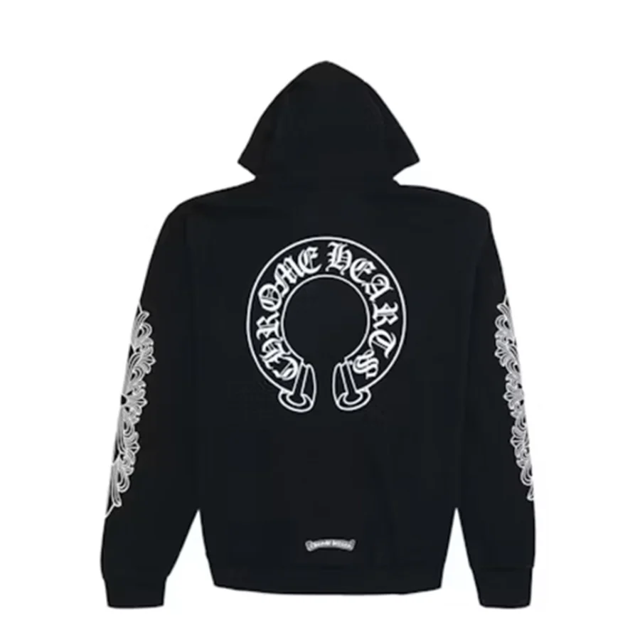 Black Gothic Floral Sleeve Prints Hoodie — Black