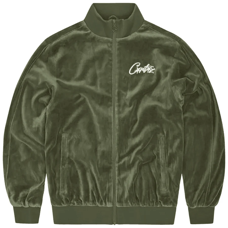 Olive Green Velour Zip Up Jacket Jacket — Olive Green