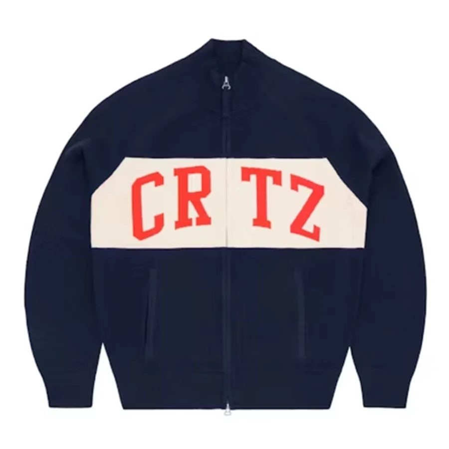 Navy, Cream, Red Colorblock Zip-Up With Varsity Letters Sweater — Navy, Cream, Red