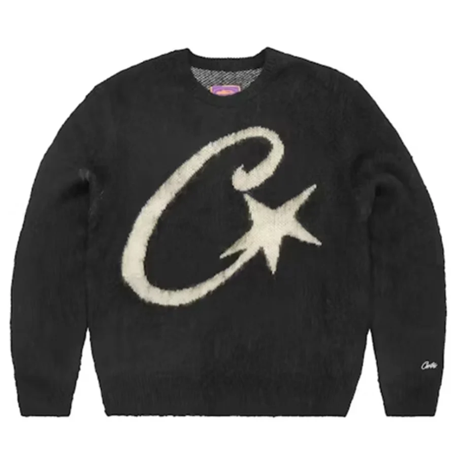 Corteiz Black Large Fuzzy Star Logo Sweater