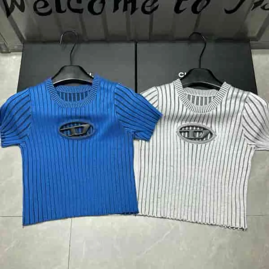Diesel Blue, White Ribbed Knit Logo Cutout T-Shirt