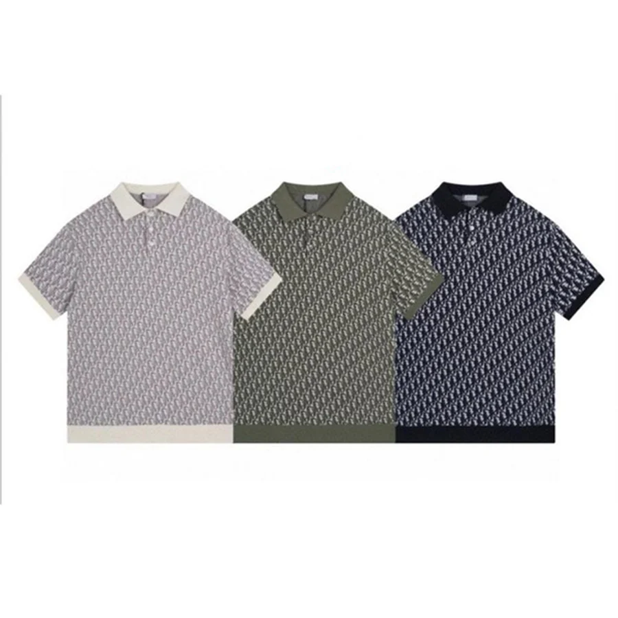 Grey, White Allover Monogram Knit Pattern Polo — Grey, Green, Navy