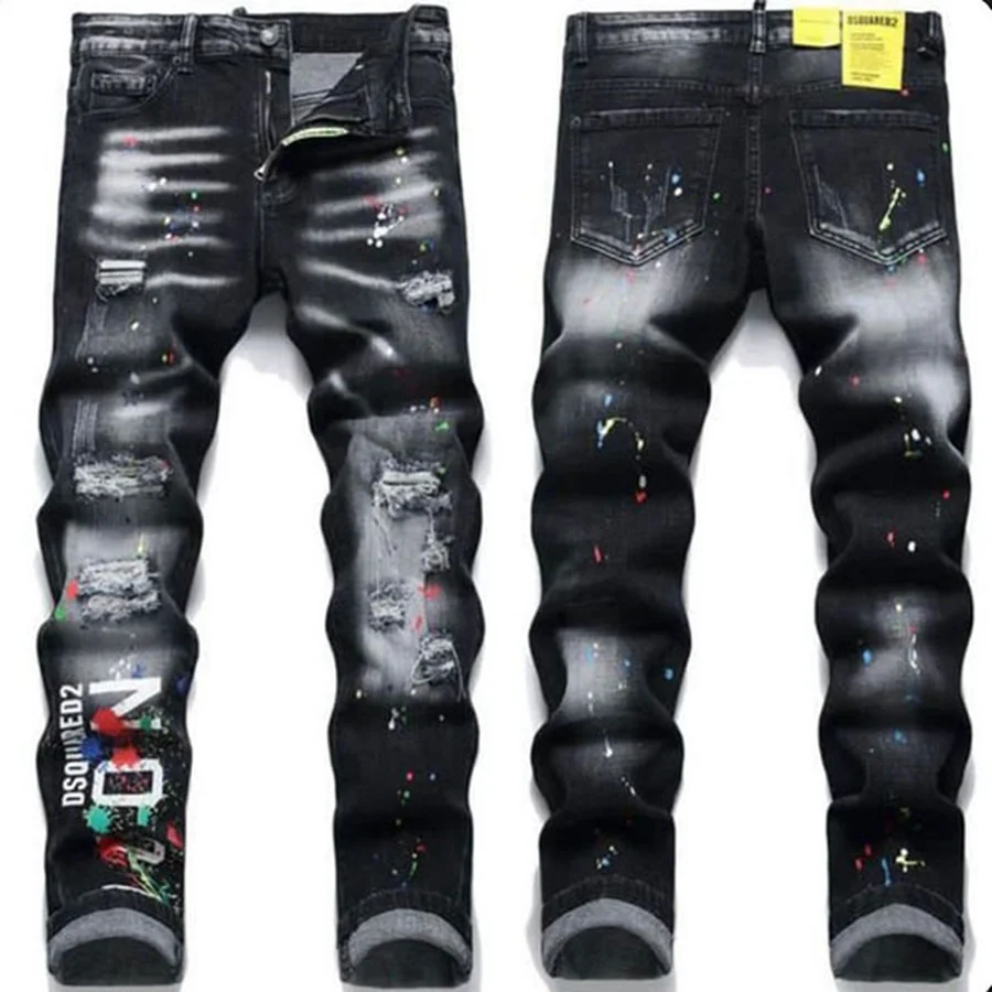 Black Distressed Denim With Large Text Jeans — Black