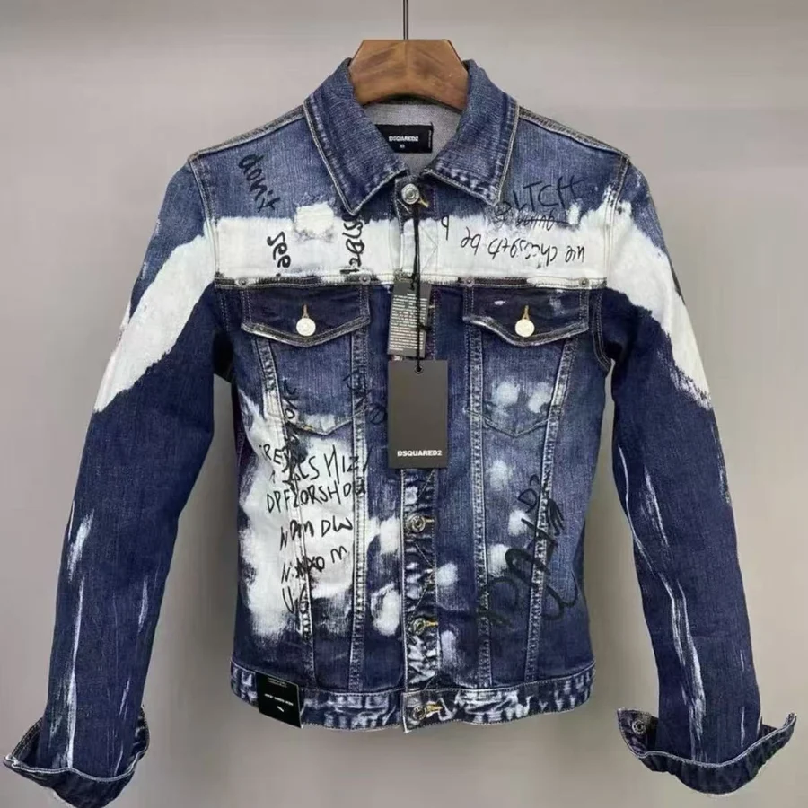 DSQUARED2 Blue, White Distressed Denim With Graffiti Jacket