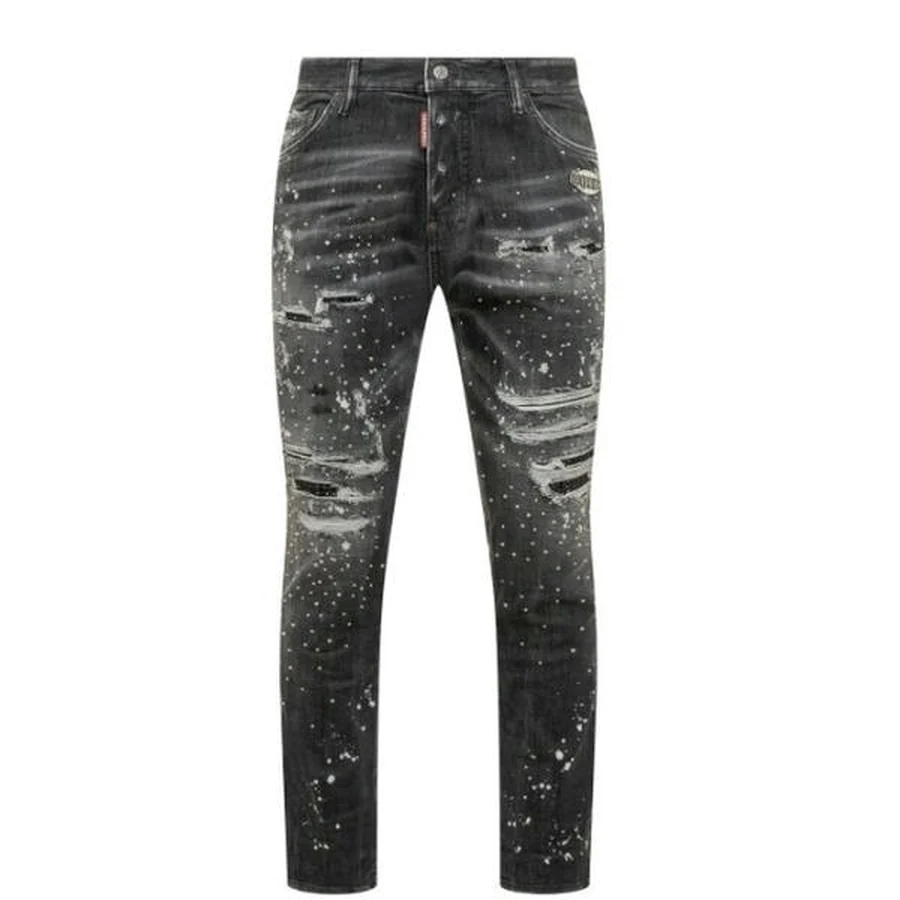 Black Distressed Denim With Large Text Jeans — Black