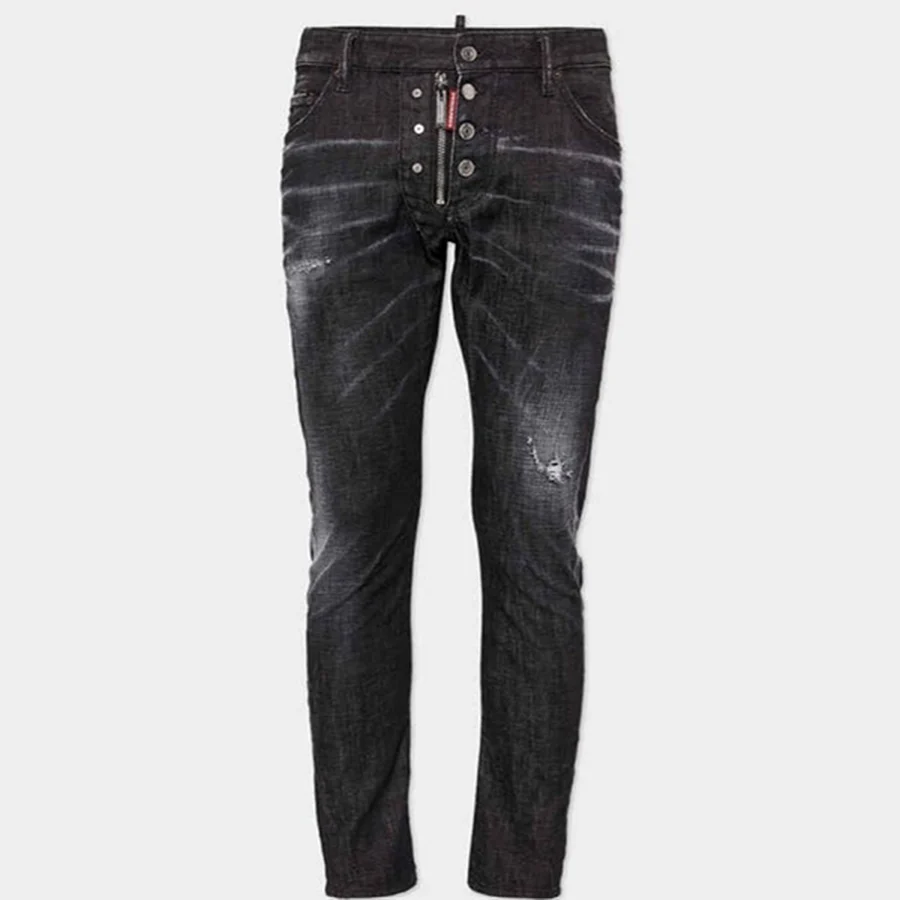 Black Distressed Denim With Large Text Jeans — Black