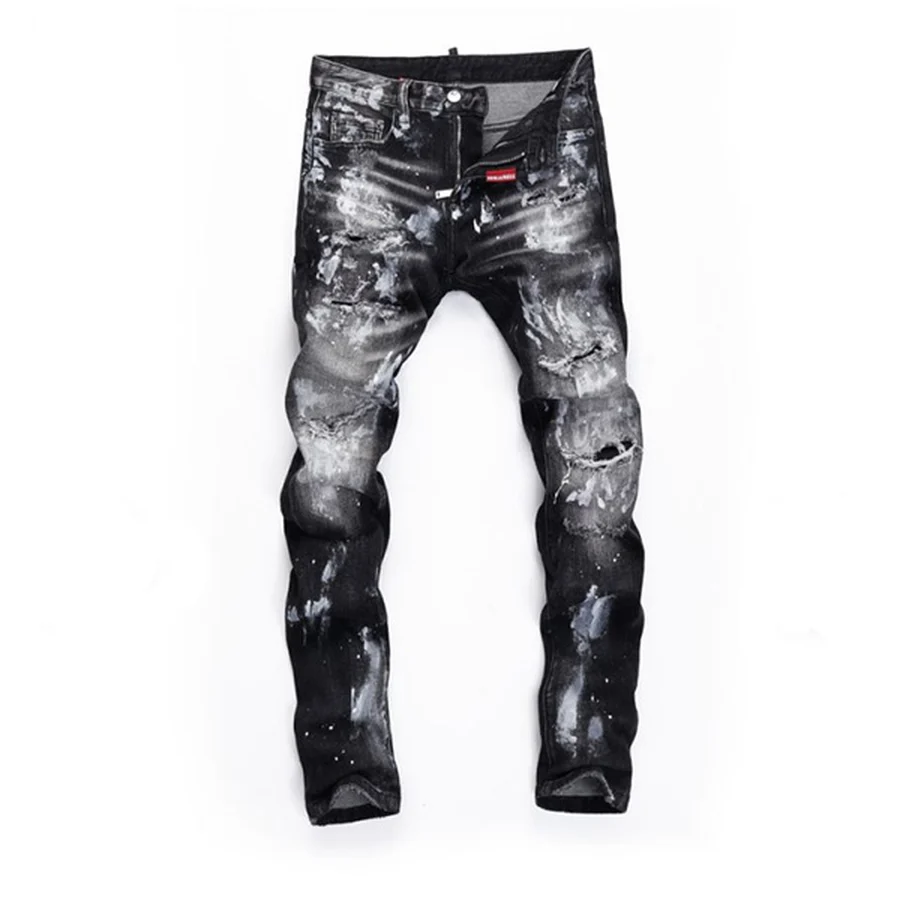 Black Distressed Denim With Large Text Jeans — Black