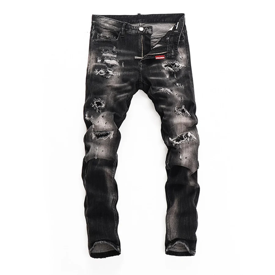 Black Distressed Denim With Large Text Jeans — Black