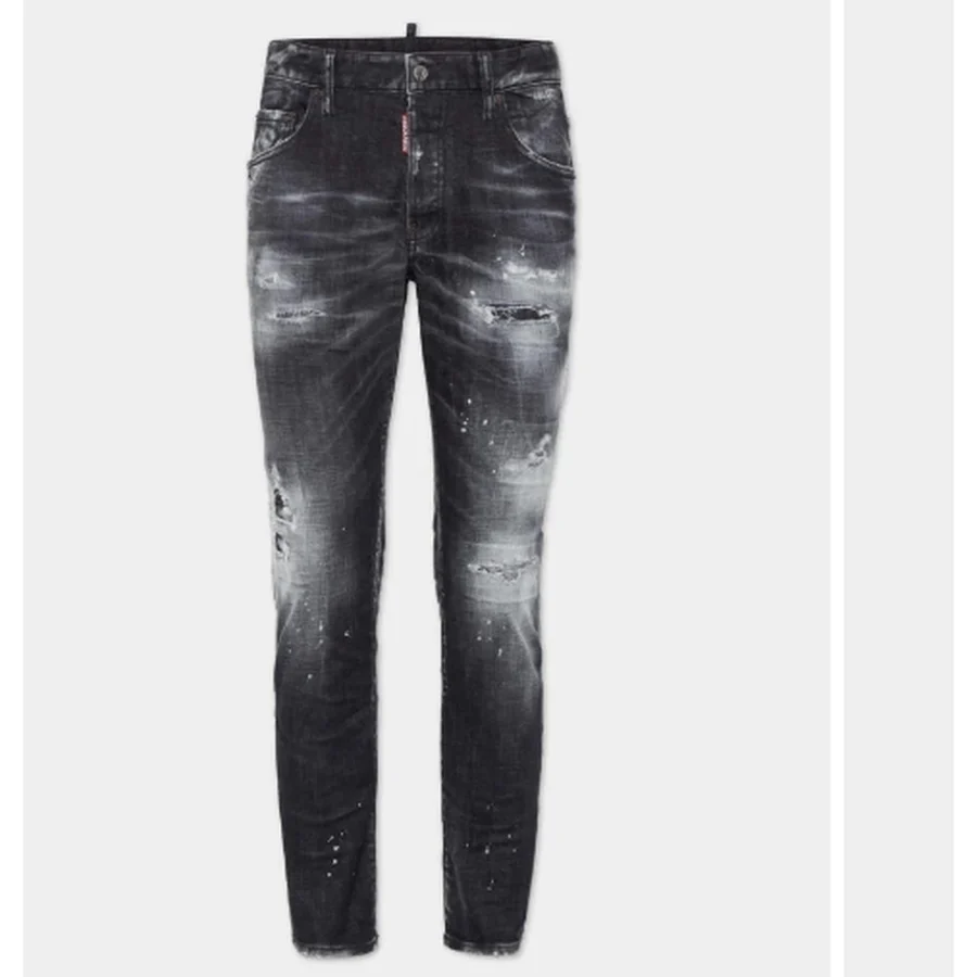 Black Distressed Denim With Large Text Jeans — Black