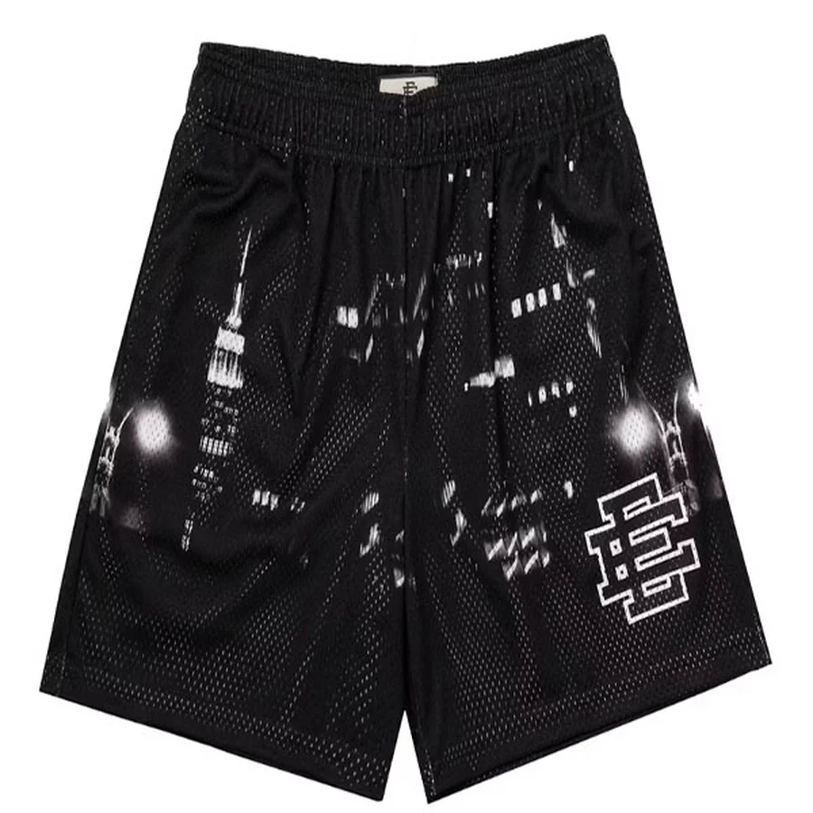 Black City Skyline Mesh Print Shorts — Black