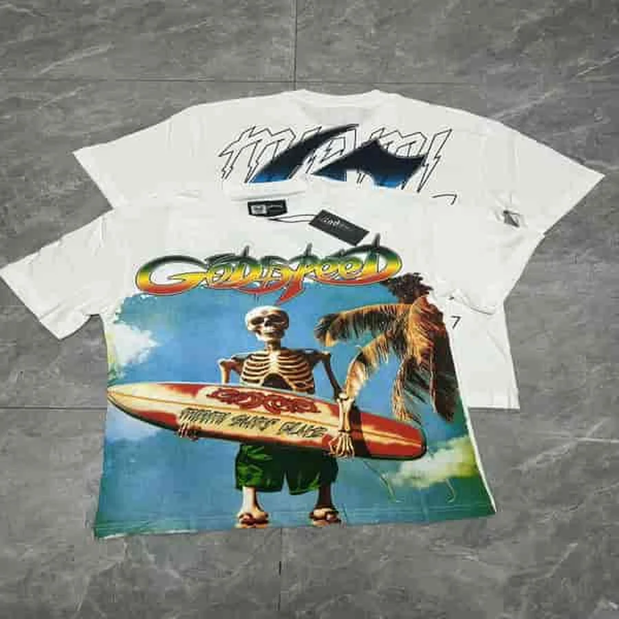 Godspeed White Surfing Skeleton With Palm Tree T-Shirt