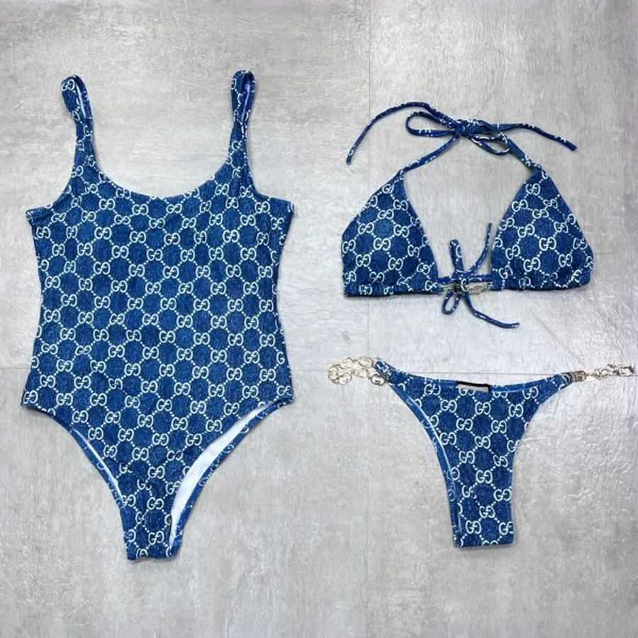 Gucci Blue Monogram Print Denim Effect Swim Shorts