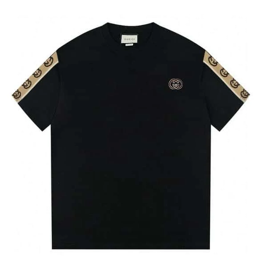 Black, White Logo With Horizontal Stripes T-Shirt — Black