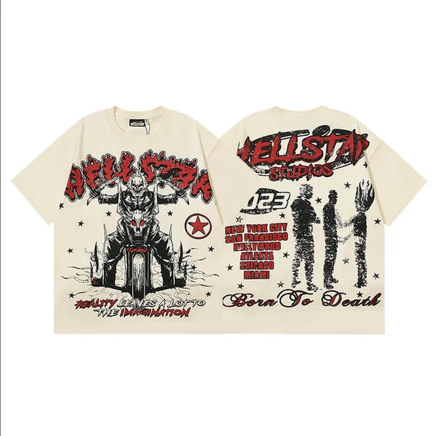 Hellstar Cream Biker Skeleton And Figures Graphic T-Shirt