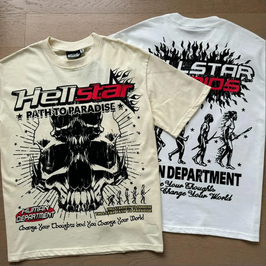 Hellstar Cream Large Skull And Evolution Graphic T-Shirt