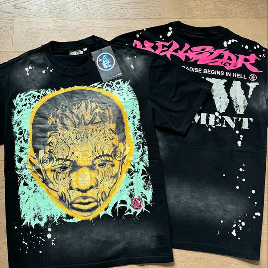 Hellstar Black, Yellow, Pink Stylized Face And Graffiti Text T-Shirt
