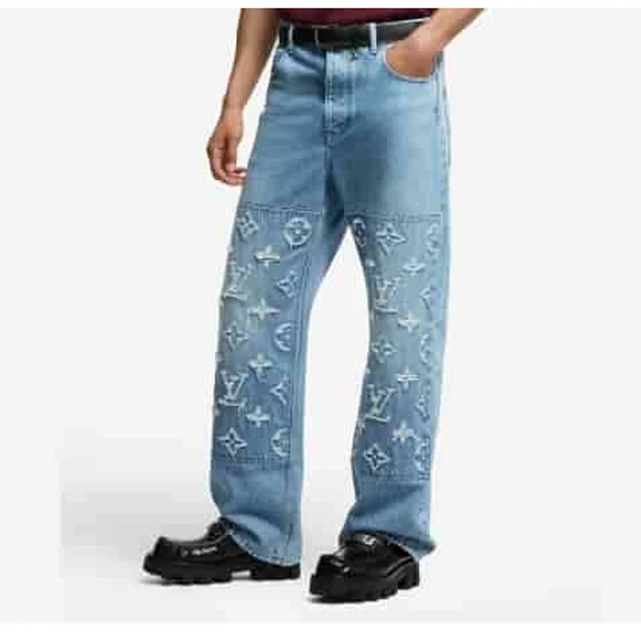 Louis Vuitton Light Blue Monogram Embossed Knee Panels Jeans