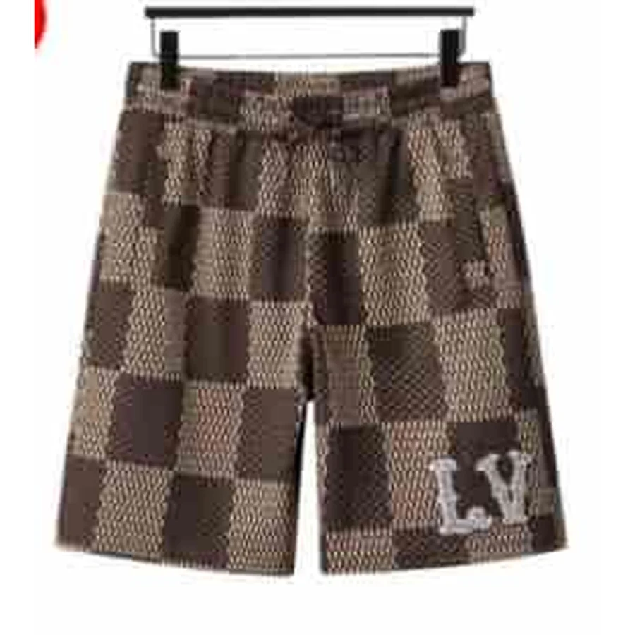Brown Checkered Pattern With Lv Logo Shorts