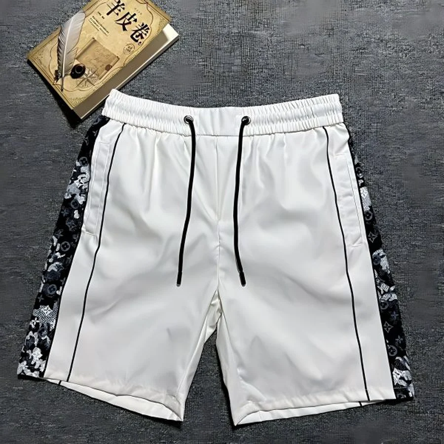 White, Black Monogram Print With Stripes Shorts — White