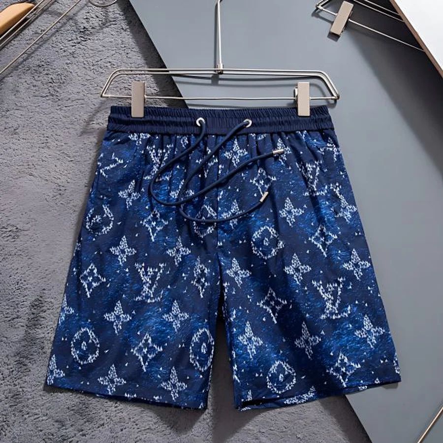 White, Blue Distressed Monogram Print Shorts — Blue