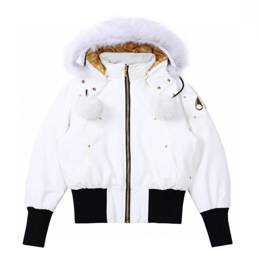 Moose Knuckles White, Black Hooded Bomber With Pom-Poms Jacket