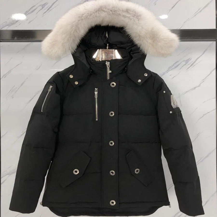 Black Puffer Jacket With Fur Hood Jacket — Black